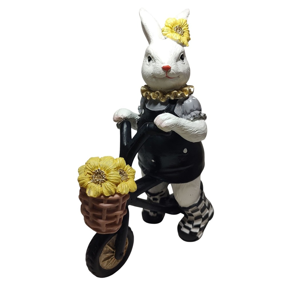 Bunny Rabbit on Bicycle Figurine Black and White Girl Easter Springtime Decor